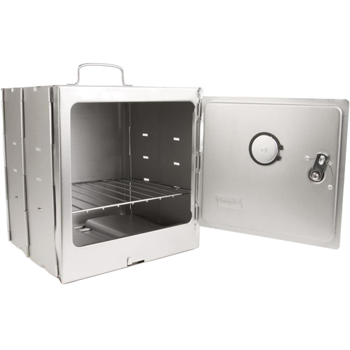 Compact aluminized steel portable stove top oven with hinged door and built-in thermometer, designed for camping and outdoor use in Farm, Garden & Tool, Stoves, and Camping collections.