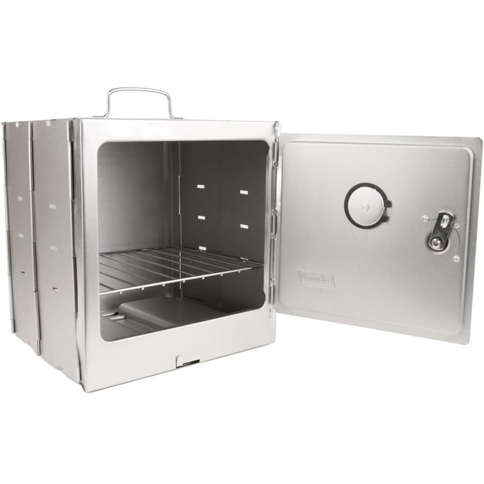 Compact aluminized steel portable stove top oven with hinged door and built-in thermometer, designed for camping and outdoor use in Farm, Garden & Tool, Stoves, and Camping collections.