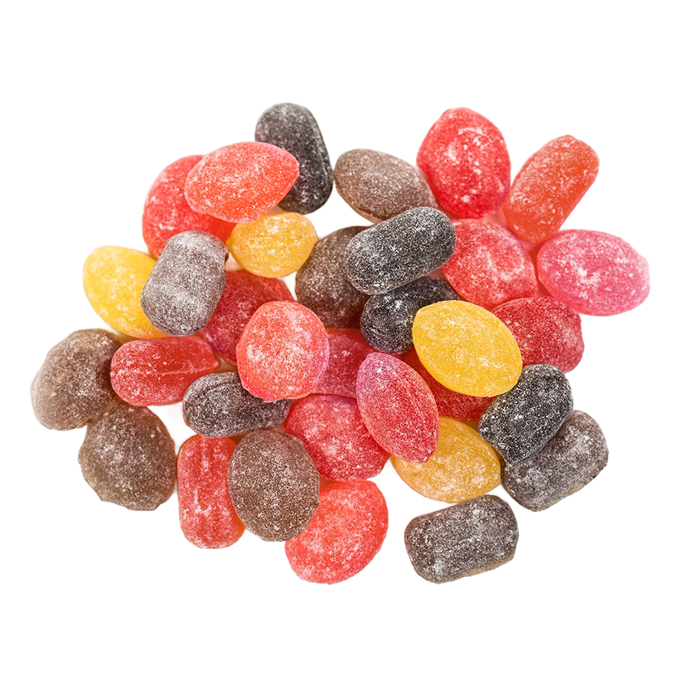 Assortment of handcrafted old-fashioned sugared hard candies in various colors including red, yellow, brown, and black from a USA made sampler pack in Kitchen & Food, Candy, and Best Sellers collections.