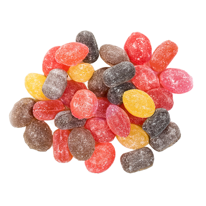 Assortment of handcrafted old-fashioned sugared hard candies in various colors including red, yellow, brown, and black from a USA made sampler pack in Kitchen & Food, Candy, and Best Sellers collections.