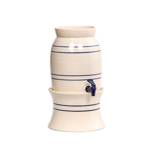 Handcrafted stoneware water cooler with classic blue stripe design and spigot, made in USA, ideal for Kitchen & Food, Storage and Serving, Best Sellers, and Promo Eligible collections.