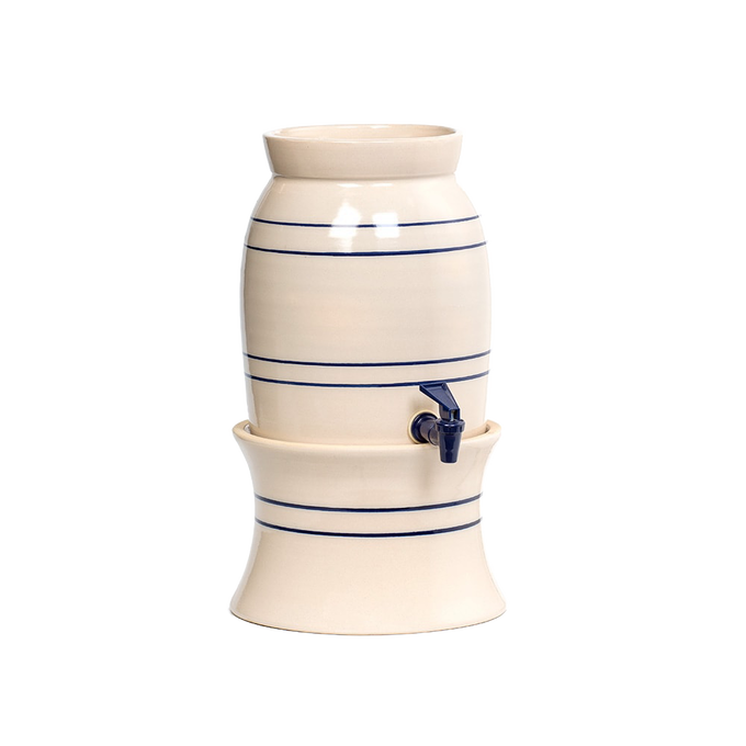 Handcrafted stoneware water cooler with classic blue stripe design and spigot, made in USA, ideal for Kitchen & Food, Storage and Serving, Best Sellers, and Promo Eligible collections.