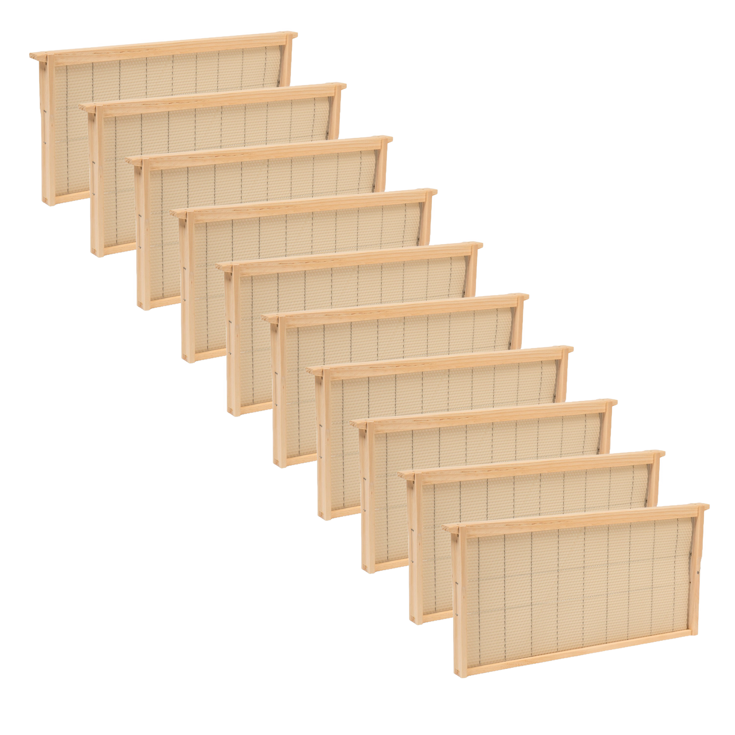 Set of handcrafted deep wooden bee frames with wired natural beeswax foundation, Amish made in USA, suitable for various hive configurations in farm and garden beekeeping supplies.