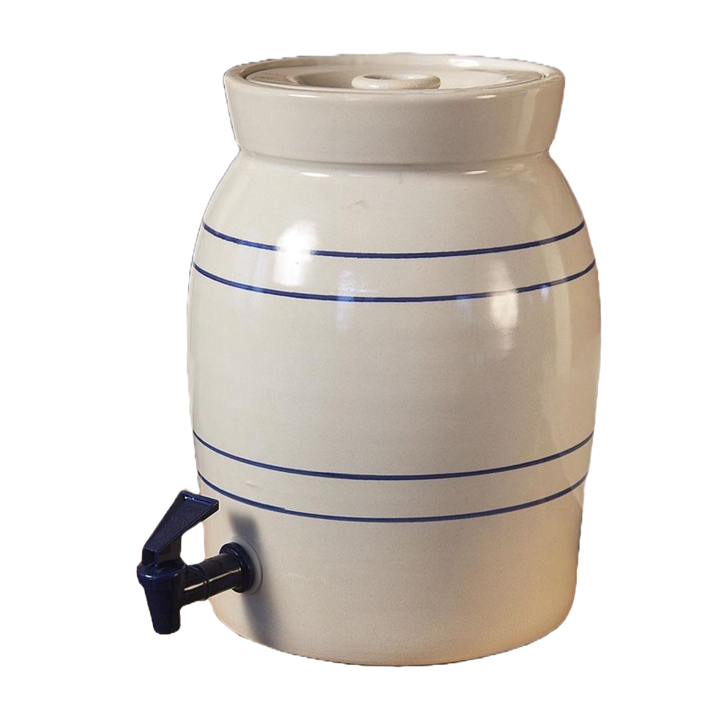 Handcrafted stoneware water cooler in cream with simple blue stripes and dark blue plastic spigot, designed for Kitchen & Food, Storage and Serving, USA Made, and Best Sellers collections.