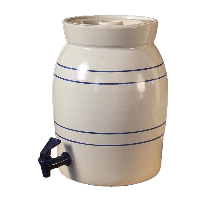 Handcrafted stoneware water cooler in cream with simple blue stripes and dark blue plastic spigot, designed for Kitchen & Food, Storage and Serving, USA Made, and Best Sellers collections.