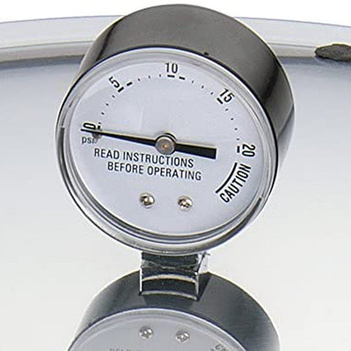 Close-up of a pressure gauge with clear markings and safety warning, designed for accurate monitoring in home food preservation and pressure canning collections.