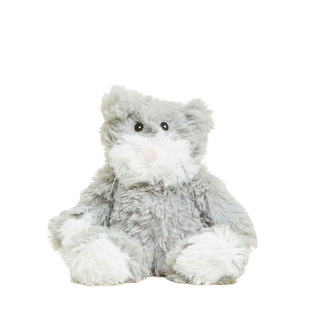 Soft gray and white plush weighted animal heated in the microwave for soothing comfort, ideal for Health & Wellness, Children's Toys, and Indoor Play collections.
