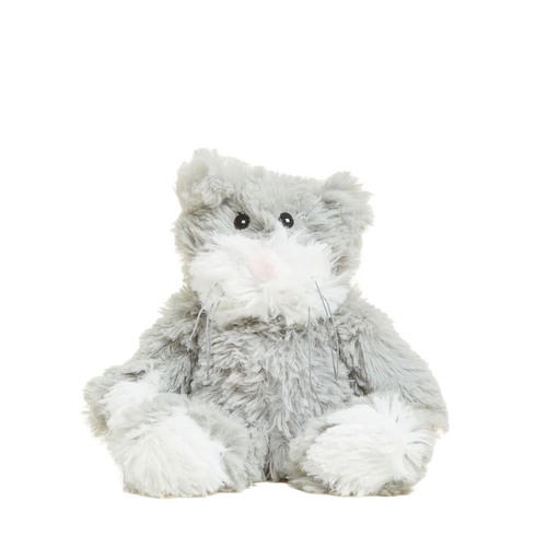 Soft gray and white plush weighted animal heated in the microwave for soothing comfort, ideal for Health & Wellness, Children's Toys, and Indoor Play collections.