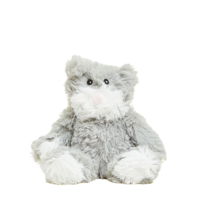 Soft gray and white plush weighted animal heated in the microwave for soothing comfort, ideal for Health & Wellness, Children's Toys, and Indoor Play collections.