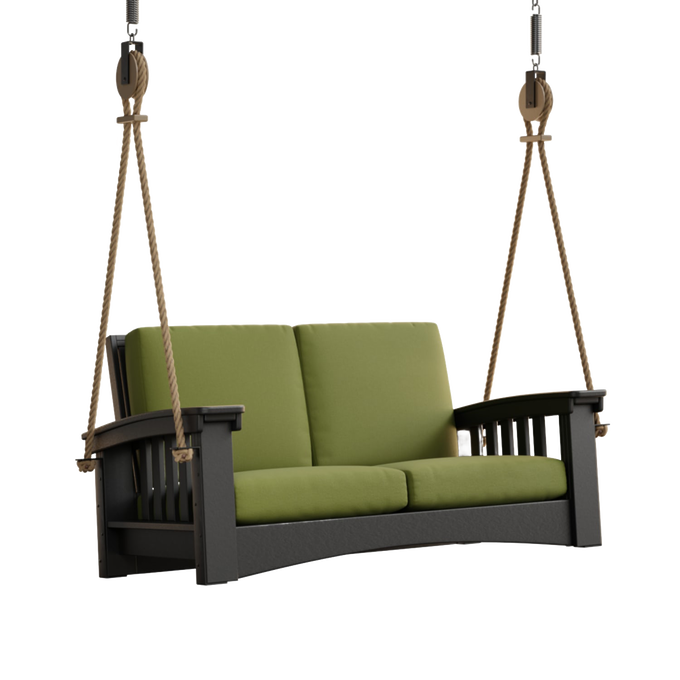 Handcrafted Amish made 6 ft porch swing with durable black painted cypress frame, suspended by thick rope, featuring soft green cushions, part of Home & Decor, Outdoor Furniture, USA Made, Amish Made, Best Sellers, and Promo Eligible collections.
