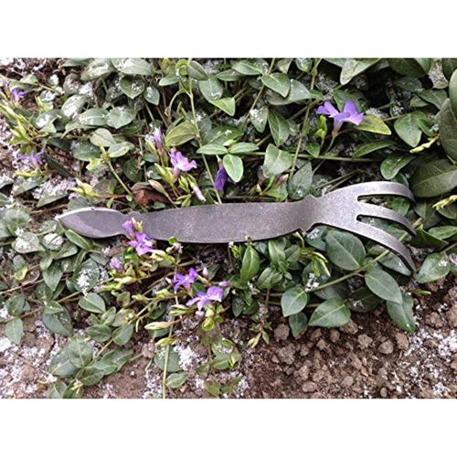 Handcrafted all-steel cultivator with a three-pronged fork and cobra-shaped head resting on green foliage with purple flowers, ideal for Farm, Garden & Tool and Digging and Cultivating collections.