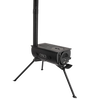 Compact black metal wood-burning stove with adjustable fire control and detachable chimney pipe, supported by foldable legs, ideal for camping and outdoor cooking use.