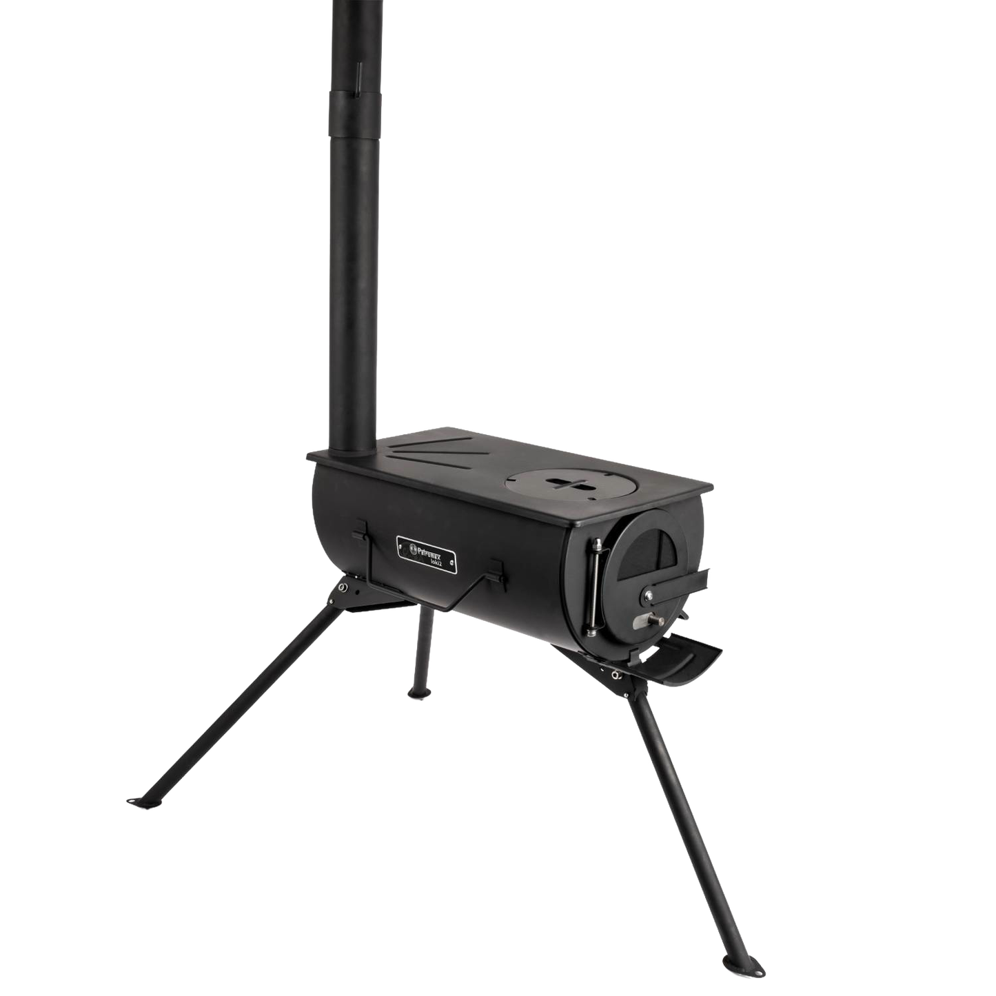 Compact black metal wood-burning stove with adjustable fire control and detachable chimney pipe, supported by foldable legs, ideal for camping and outdoor cooking use.