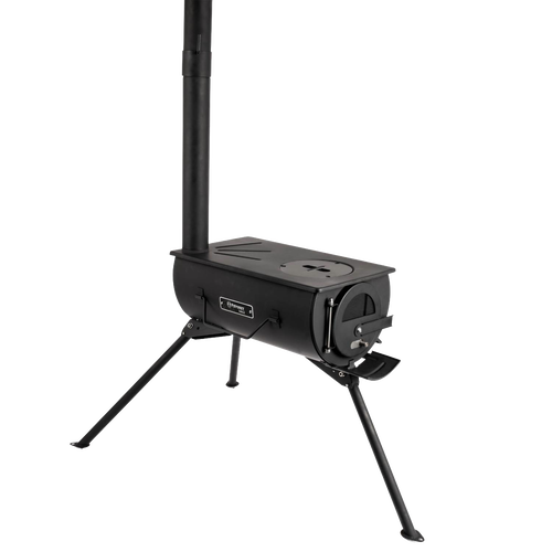 Compact black metal wood-burning stove with adjustable fire control and detachable chimney pipe, supported by foldable legs, ideal for camping and outdoor cooking use.