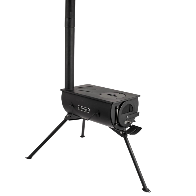 Compact black metal wood-burning stove with adjustable fire control and detachable chimney pipe, supported by foldable legs, ideal for camping and outdoor cooking use.
