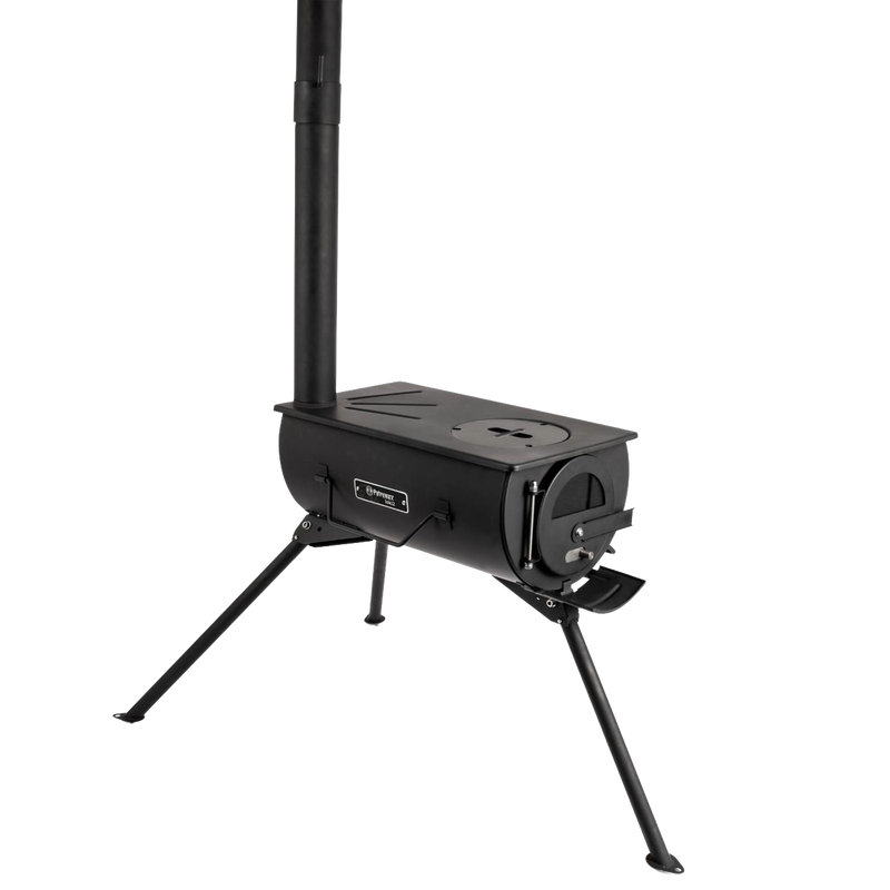 Compact black metal wood-burning stove with adjustable fire control and detachable chimney pipe, supported by foldable legs, ideal for camping and outdoor cooking use.