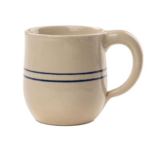Handcrafted round stoneware mug with a simple blue stripe design, made in USA, ideal for coffee or tea, featured in Kitchen & Food, Brewing Coffee and Tea, Dinnerware, and Best Sellers collections.