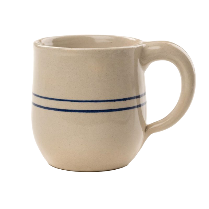 Handcrafted round stoneware mug with a simple blue stripe design, made in USA, ideal for coffee or tea, featured in Kitchen & Food, Brewing Coffee and Tea, Dinnerware, and Best Sellers collections.