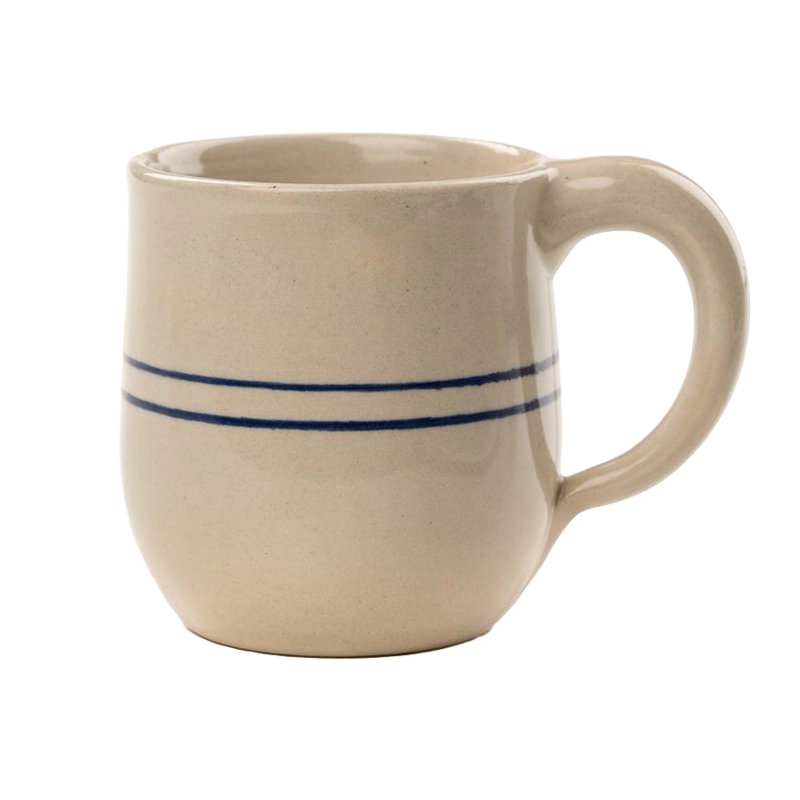 Handcrafted round stoneware mug with a simple blue stripe design, made in USA, ideal for coffee or tea, featured in Kitchen & Food, Brewing Coffee and Tea, Dinnerware, and Best Sellers collections.