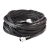 Coiled flexible black garden hose with silver crush-proof couplings, designed for easy handling and storage, featured in Farm, Garden & Tool and USA Made collections.