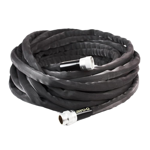 Coiled flexible black garden hose with silver crush-proof couplings, designed for easy handling and storage, featured in Farm, Garden & Tool and USA Made collections.