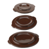 Set of three handcrafted brown stoneware covers in different sizes with smooth glazed finish, designed for kitchen food preservation and fermenting crock use, made in USA.