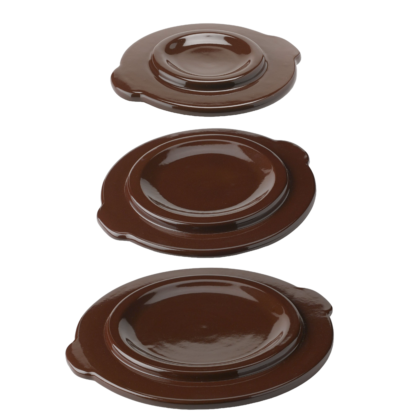 Set of three handcrafted brown stoneware covers in different sizes with smooth glazed finish, designed for kitchen food preservation and fermenting crock use, made in USA.