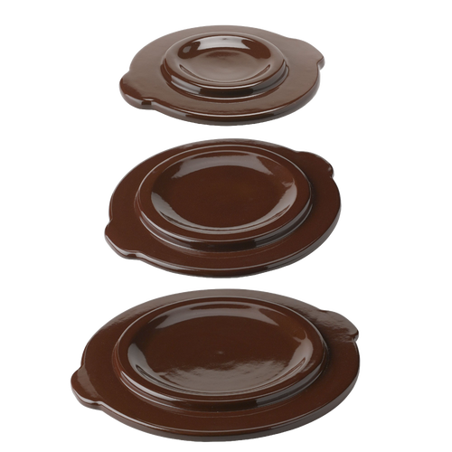 Set of three handcrafted brown stoneware covers in different sizes with smooth glazed finish, designed for kitchen food preservation and fermenting crock use, made in USA.