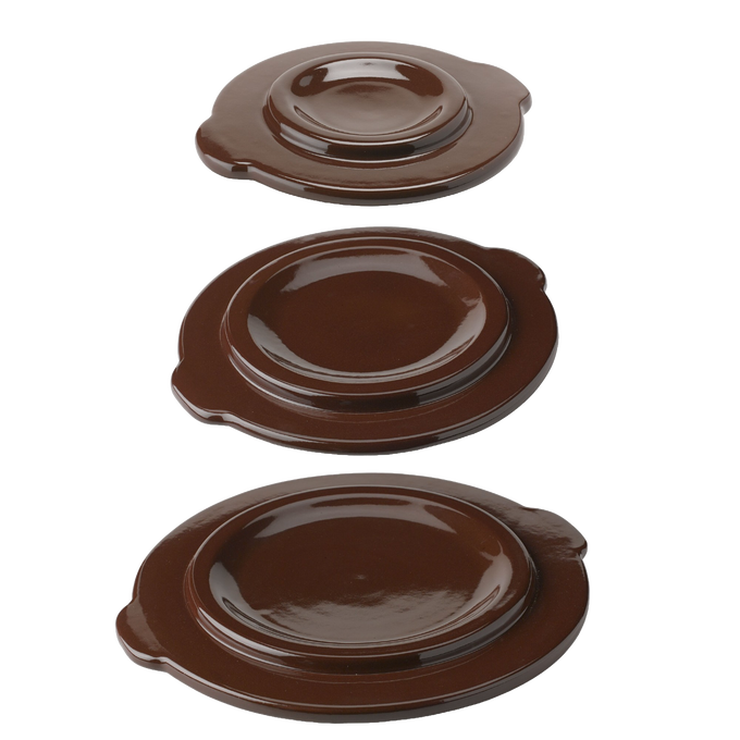 Set of three handcrafted brown stoneware covers in different sizes with smooth glazed finish, designed for kitchen food preservation and fermenting crock use, made in USA.