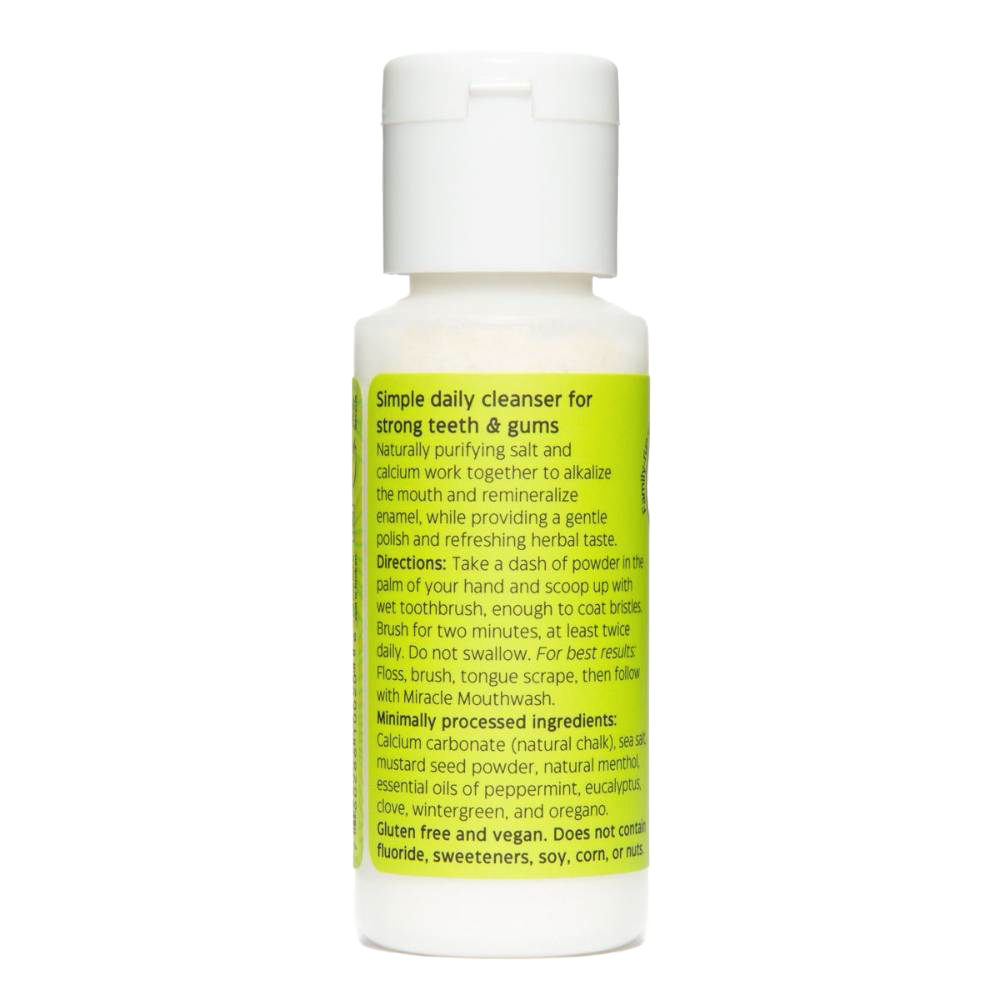 White plastic bottle of natural tooth powder with bright green label detailing ingredients and usage instructions, featured in Health & Wellness, Grooming, and USA Made collections.