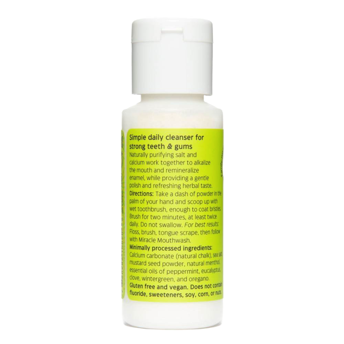 White plastic bottle of natural tooth powder with bright green label detailing ingredients and usage instructions, featured in Health & Wellness, Grooming, and USA Made collections.