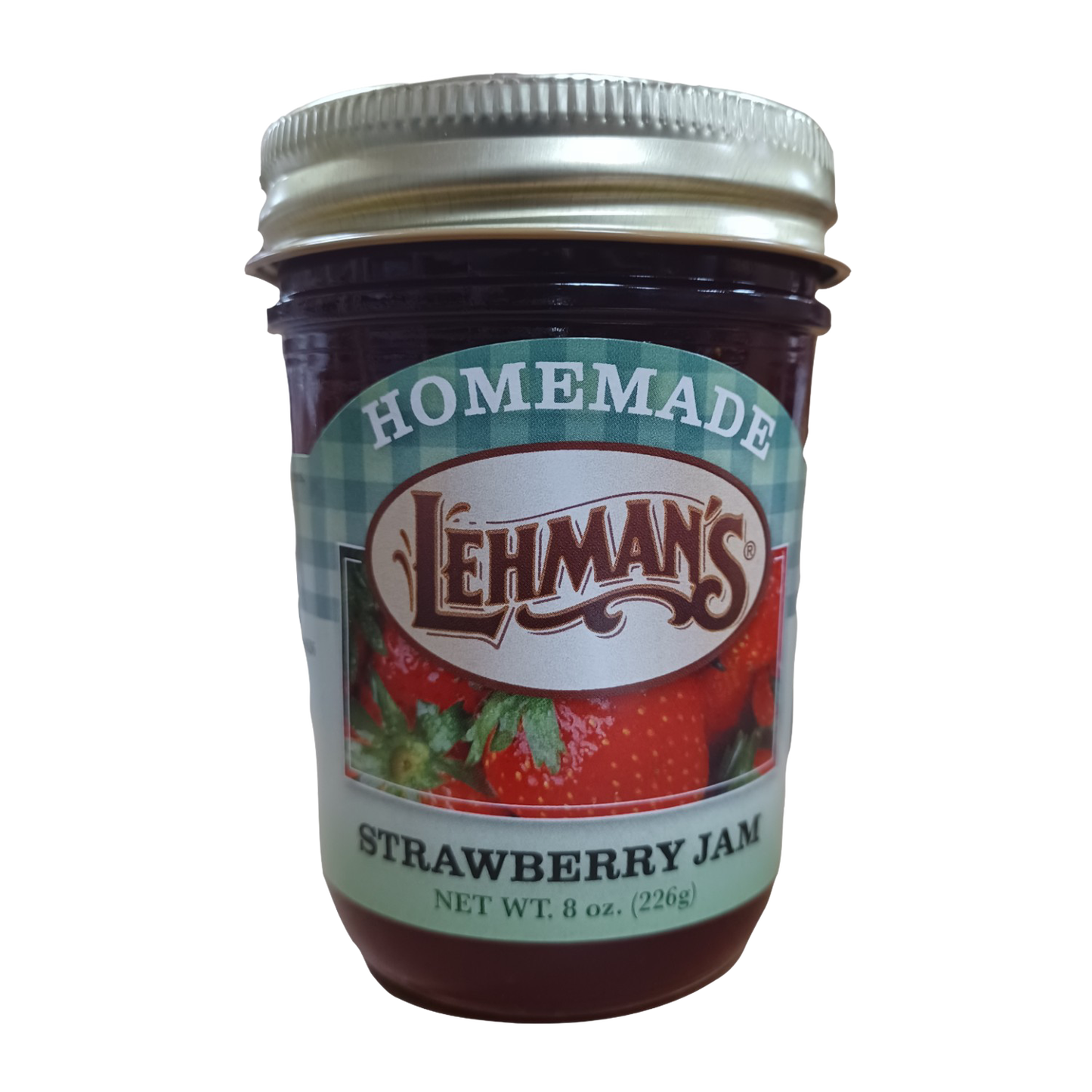 Handcrafted Lehman's strawberry jam in a glass jar, featuring all-natural ingredients, made in USA, ideal for Kitchen & Food, Pantry, Peanut Butter & Jellies, USA Made, and Best Sellers collections.