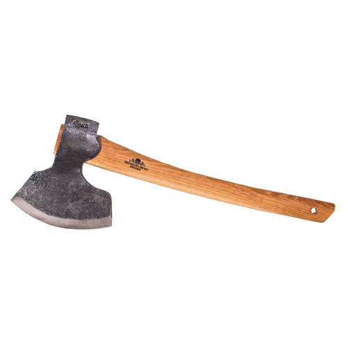 Hand-forged broad axe with double-sided knife grind edge and wooden handle, designed for timber work and log building, featured in Farm, Garden & Tool and Wood Cutting collections.