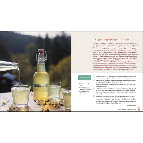 Open book spread displaying a cider recipe titled "Plum Blossom Cider," accompanied by a glass bottle with a swing top and a small drinking glass on a wooden table outdoors, featured in Toys, Books & Games and Home and Garden How-To Books collections.