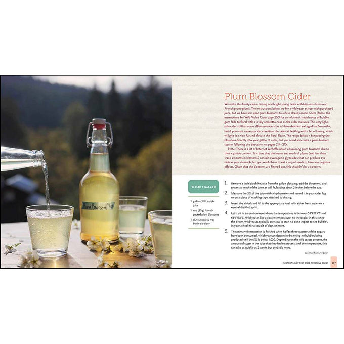 Open book spread displaying a cider recipe titled "Plum Blossom Cider," accompanied by a glass bottle with a swing top and a small drinking glass on a wooden table outdoors, featured in Toys, Books & Games and Home and Garden How-To Books collections.