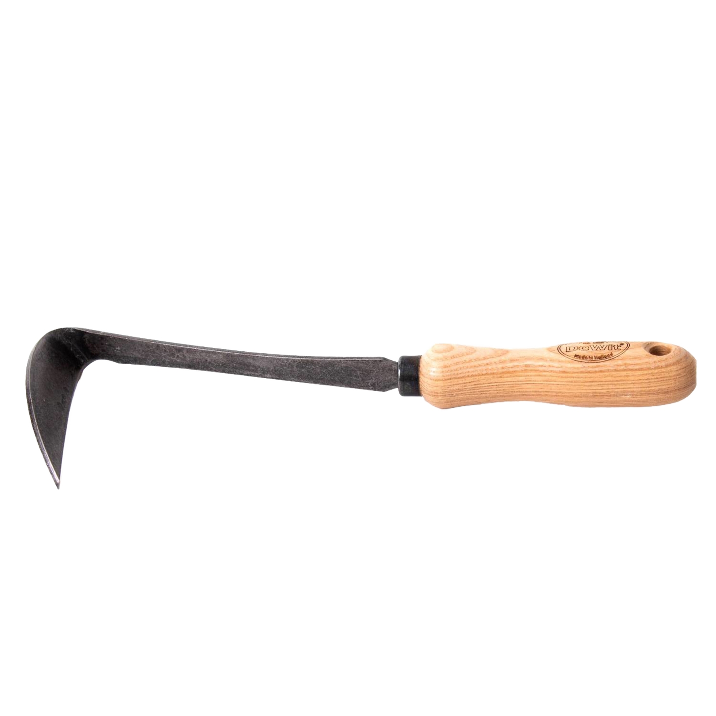 Curved black steel blade with a smooth wooden handle featuring engraved branding, designed for durable weed removal in Farm, Garden & Tool, Garden Accessories, Best Sellers, Promo Eligible collections.