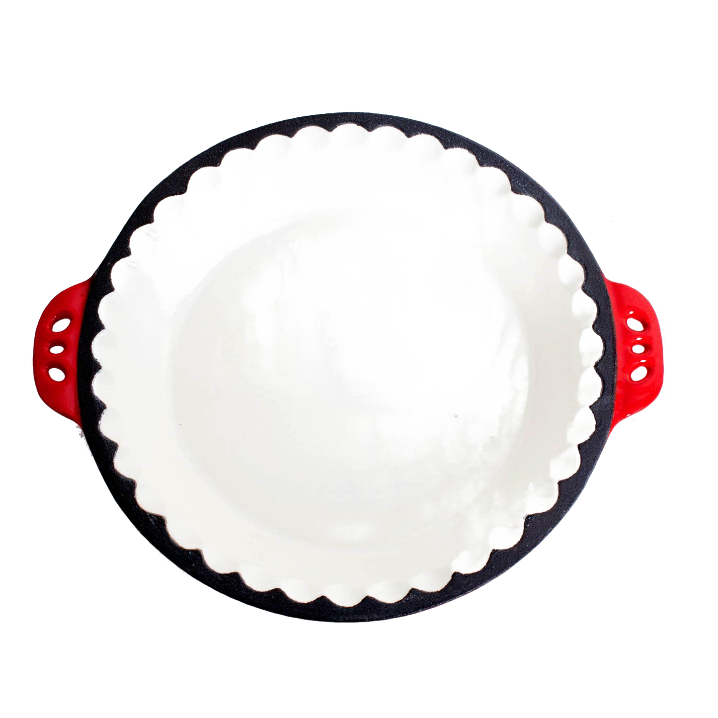 Lehman’s handcrafted cast iron pie pan with decorative crimped edges and red handles, designed for even heating and durability, featured in Kitchen & Food, Cookware, Cast Iron, Baking Supplies, Best Sellers, and Promo Eligible collections.