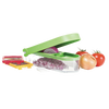 Handcrafted Dice and Slice Chopper with green lid and clear container for easy diced onions, accompanied by interchangeable blade plates, fresh tomatoes, and onion beside it, ideal for Kitchen & Food, Food Prep, Choppers and Cutters, Kitchen Gadgets, Kitchen Accessories, Best Sellers, and Promo Eligible collections.