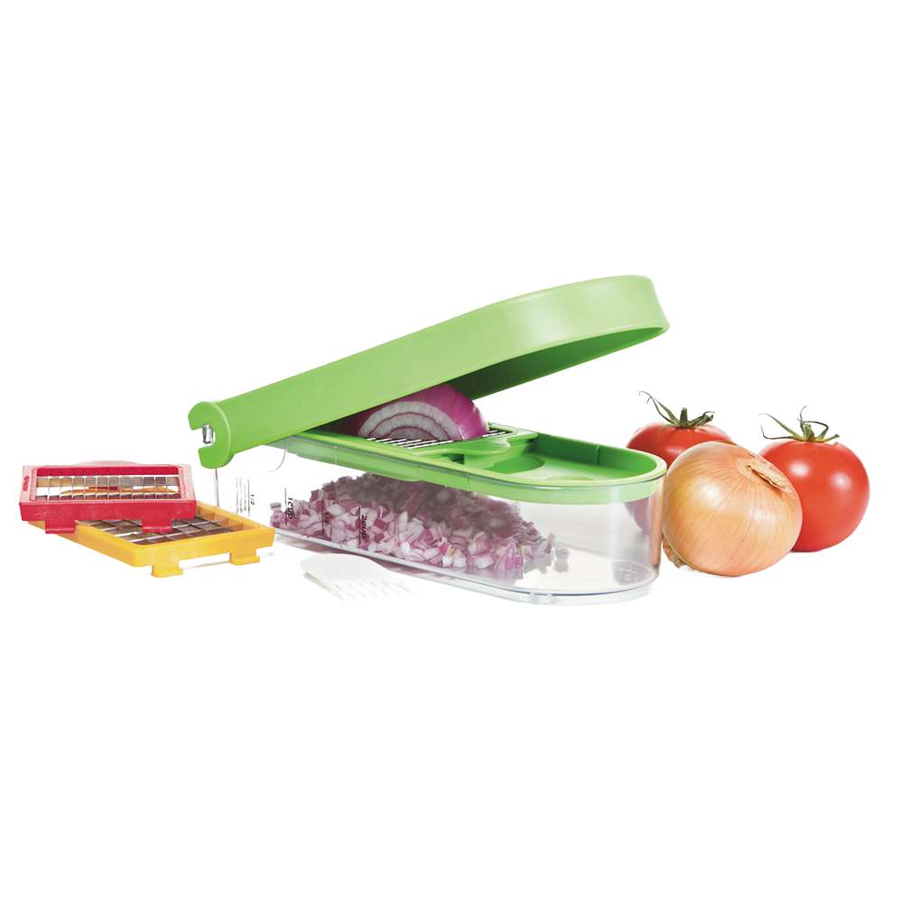 Handcrafted Dice and Slice Chopper with green lid and clear container for easy diced onions, accompanied by interchangeable blade plates, fresh tomatoes, and onion beside it, ideal for Kitchen & Food, Food Prep, Choppers and Cutters, Kitchen Gadgets, Kitchen Accessories, Best Sellers, and Promo Eligible collections.
