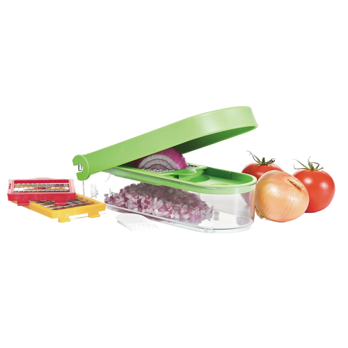 Handcrafted Dice and Slice Chopper with green lid and clear container for easy diced onions, accompanied by interchangeable blade plates, fresh tomatoes, and onion beside it, ideal for Kitchen & Food, Food Prep, Choppers and Cutters, Kitchen Gadgets, Kitchen Accessories, Best Sellers, and Promo Eligible collections.