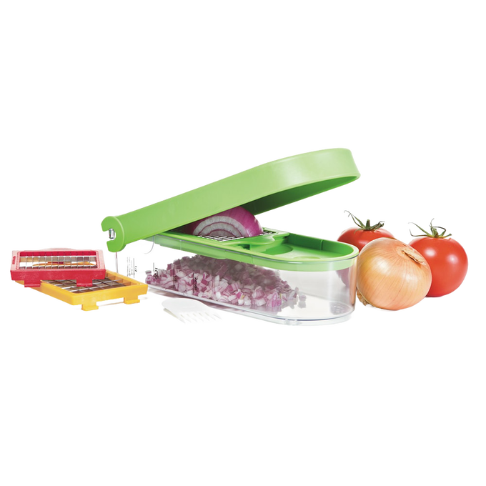 Handcrafted Dice and Slice Chopper with green lid and clear container for easy diced onions, accompanied by interchangeable blade plates, fresh tomatoes, and onion beside it, ideal for Kitchen & Food, Food Prep, Choppers and Cutters, Kitchen Gadgets, Kitchen Accessories, Best Sellers, and Promo Eligible collections.