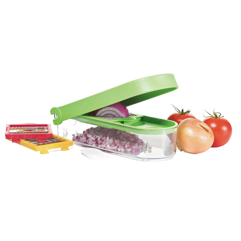 Handcrafted Dice and Slice Chopper with green lid and clear container for easy diced onions, accompanied by interchangeable blade plates, fresh tomatoes, and onion beside it, ideal for Kitchen & Food, Food Prep, Choppers and Cutters, Kitchen Gadgets, Kitchen Accessories, Best Sellers, and Promo Eligible collections.