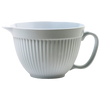 White mixing bowl with a textured exterior, smooth interior, built-in spout, and handle, designed for easy pouring in Kitchen & Food and Baking Supplies collections.