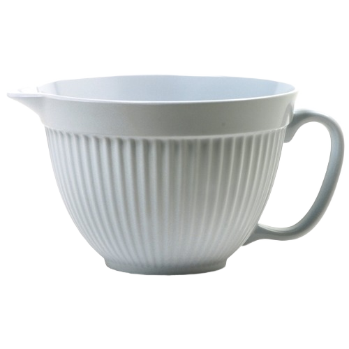 White mixing bowl with a textured exterior, smooth interior, built-in spout, and handle, designed for easy pouring in Kitchen & Food and Baking Supplies collections.