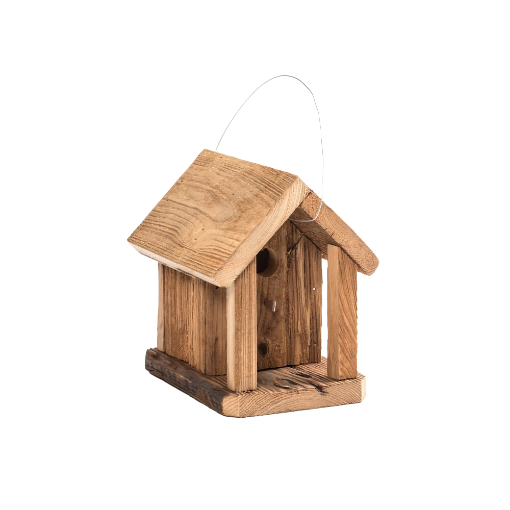 Handcrafted rustic wooden birdhouse with a pitched roof and metal hanger, made in USA by Amish artisans, perfect for Farm, Garden & Tool and Animal Care collections.