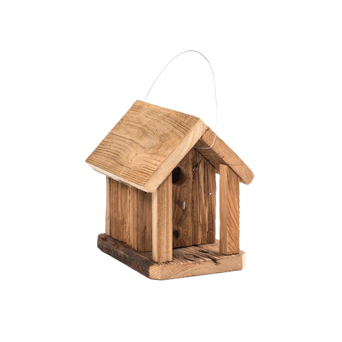 Handcrafted rustic wooden birdhouse with a pitched roof and metal hanger, made in USA by Amish artisans, perfect for Farm, Garden & Tool and Animal Care collections.