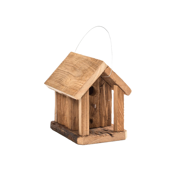 Handcrafted rustic wooden birdhouse with a pitched roof and metal hanger, made in USA by Amish artisans, perfect for Farm, Garden & Tool and Animal Care collections.