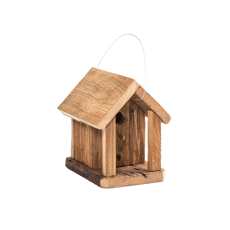 Handcrafted rustic wooden birdhouse with a pitched roof and metal hanger, made in USA by Amish artisans, perfect for Farm, Garden & Tool and Animal Care collections.