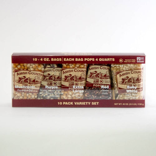 Boxed variety pack of ten 4-ounce bags of Amish made popcorn in unique types including Mushroom, Purple, Extra Large, Pop Red, and Baby White, shown in Kitchen & Food, Snacks and Sweets, USA Made collections.