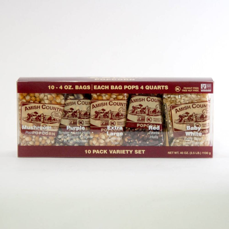Boxed variety pack of ten 4-ounce bags of Amish made popcorn in unique types including Mushroom, Purple, Extra Large, Pop Red, and Baby White, shown in Kitchen & Food, Snacks and Sweets, USA Made collections.